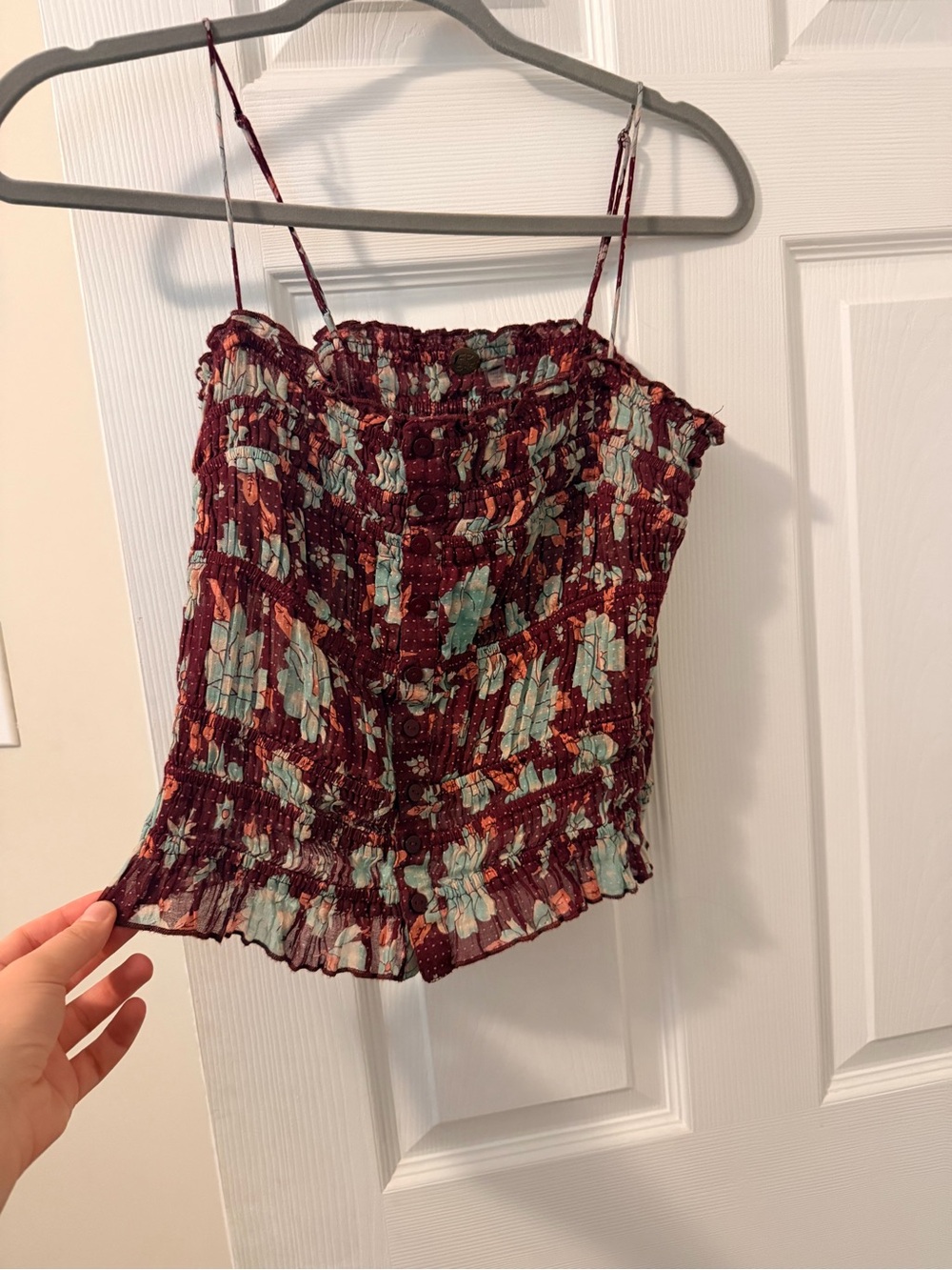 Free People Burgundy Floral Smocked Cami with Aqua Accents
